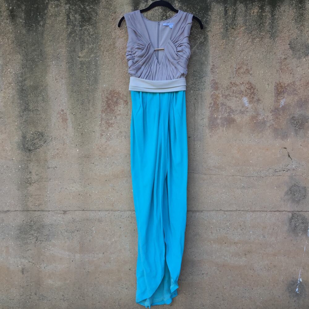 DVF Taupe Blue Colorblock Dress Size 0 Plunge High Slit